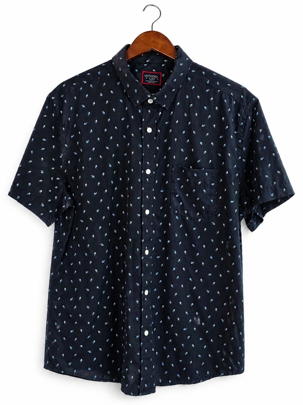 UNTUCKit Flynn Shirt XL Slim Fit Navy Blue Print Button Up Short Sleeve